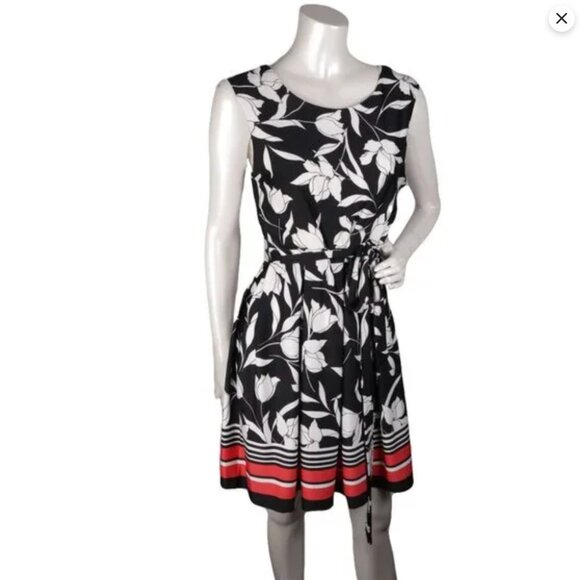 NWT Soho Apparel Black & White Floral Print Dress Cocktail Belted Pleated Skirt - Picture 2 of 8